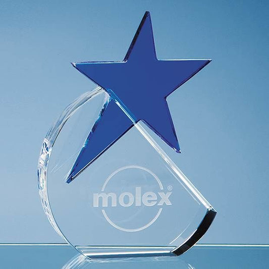 3D Crystal Award Trophy 15cm Optical Crystal Circle with a Cobalt Blue Star