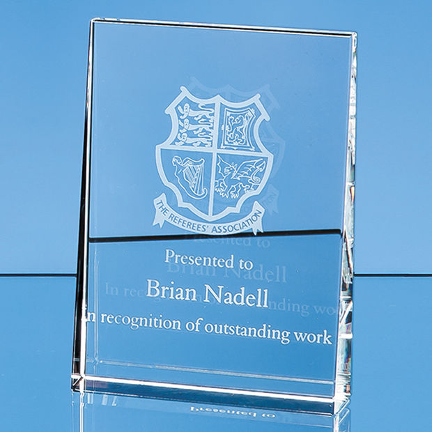 optical crystal vertical wedge award personalised engraving UK - awards-time