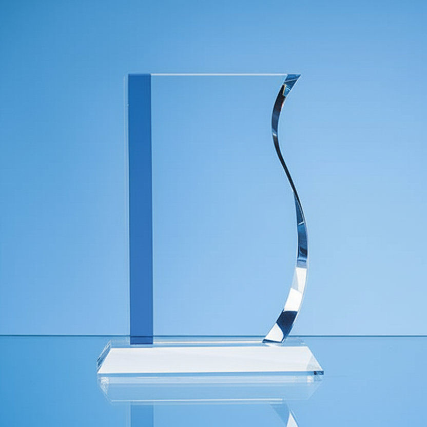 Clear glass award on a blue background