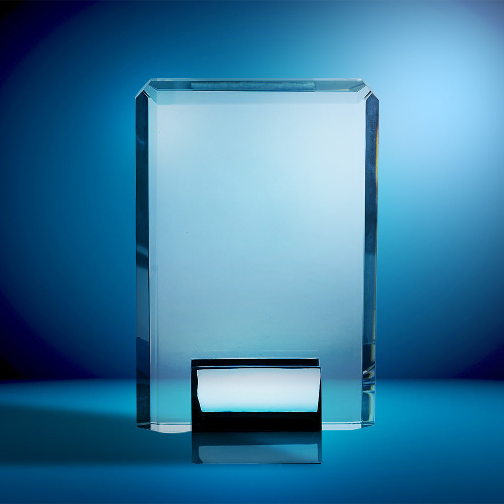 20cm optical crystal rectangle mounted on chrome stand - corporate award UK