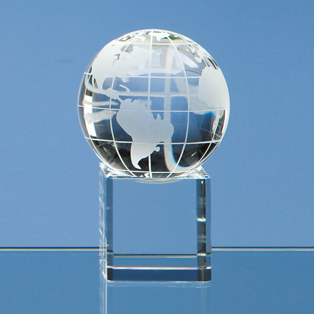 8cm optical crystal globe on clear crystal base - personalised engraving UK