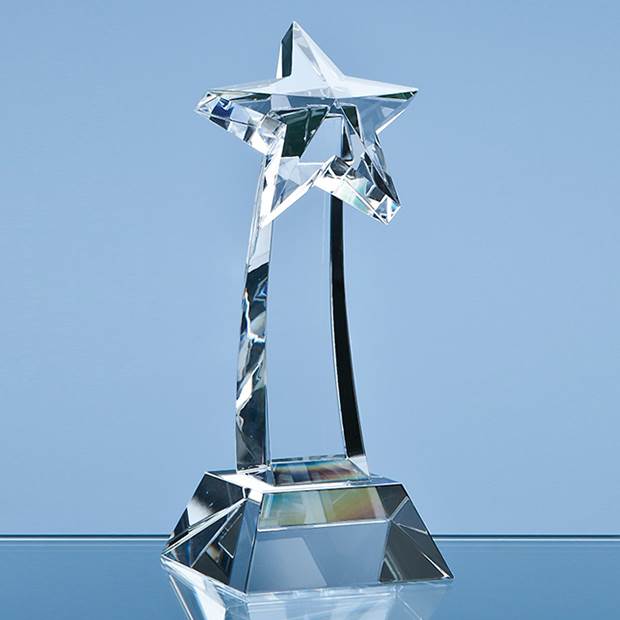 19cm optical crystal mounted shooting star award - side view UK