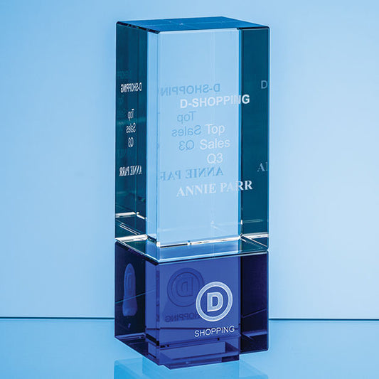 3D CRYSTAL Glass award 18cm Clear & Cobalt Blue Optical Crystal Berkley Column Award