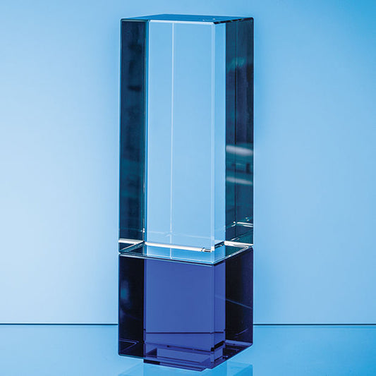 3D CRYSTAL AWARD -22cm Clear & Cobalt Blue base Optical Crystal Column Award