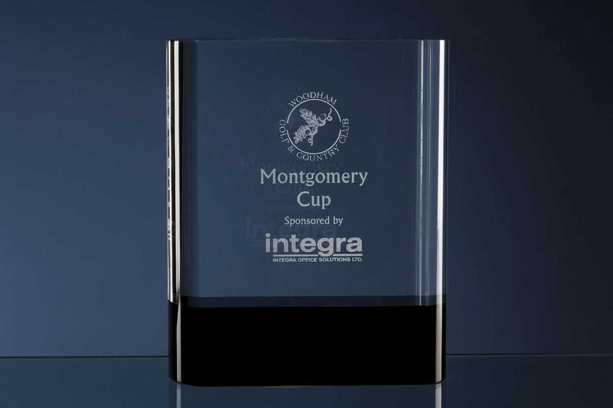 3D CRYSTAL Glass award 15.5cm Optical Crystal Rectangle with Onyx Black Base