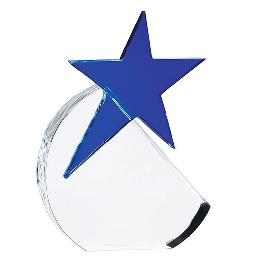 3D Crystal Award Trophy 15cm Optical Crystal Circle with a Cobalt Blue Star