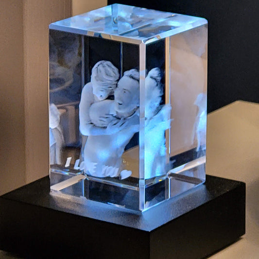 3D crystal photo by bedside on light base forever-always.co.uk