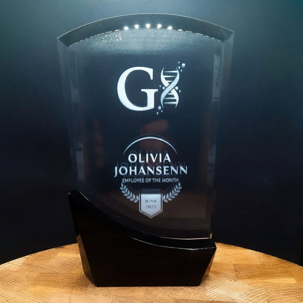 crystal glass award on shelf