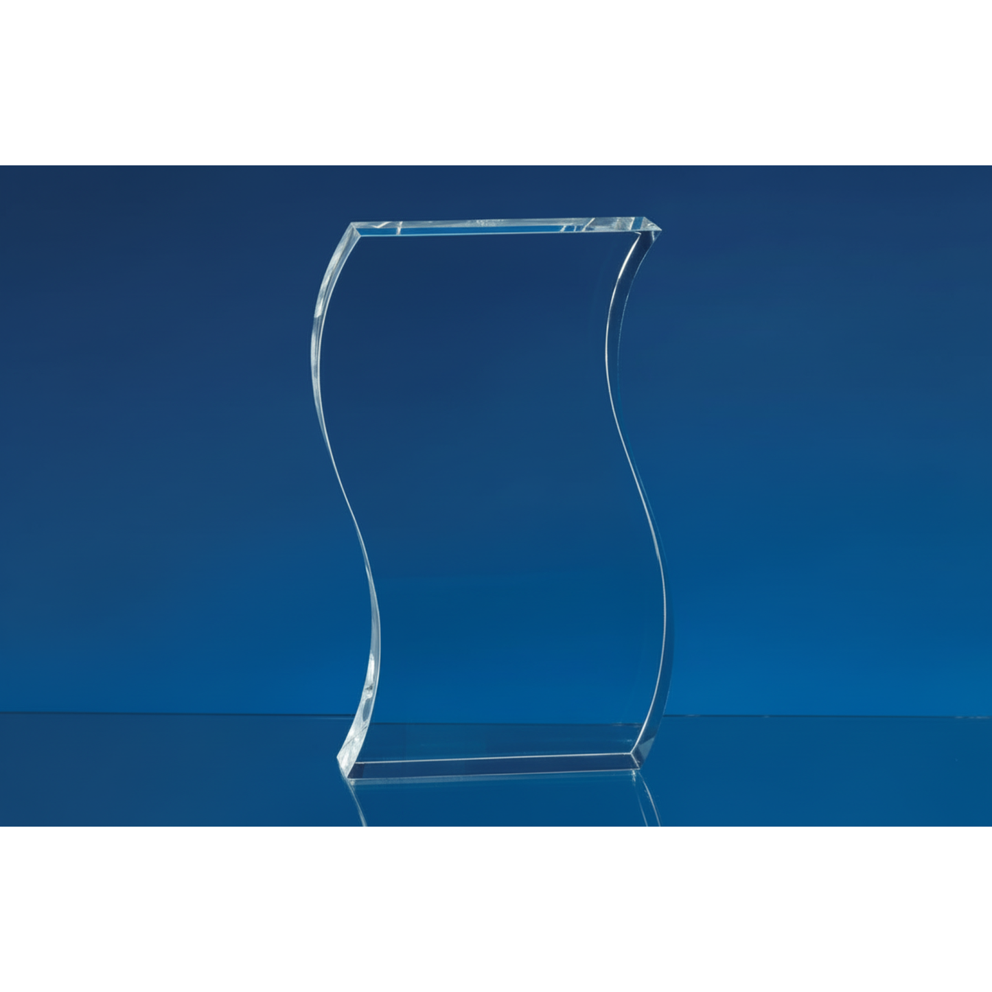 Clear glass award on a blue background
