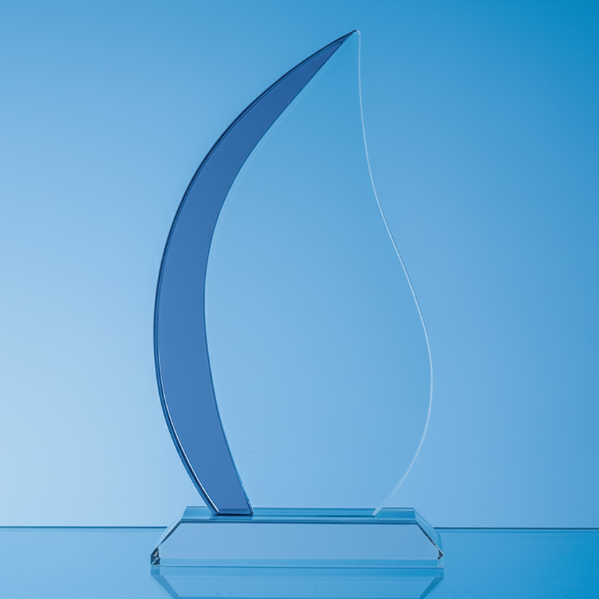 Glass award with a curved design on a blue background
