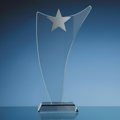 Glass award with a star on a blue background