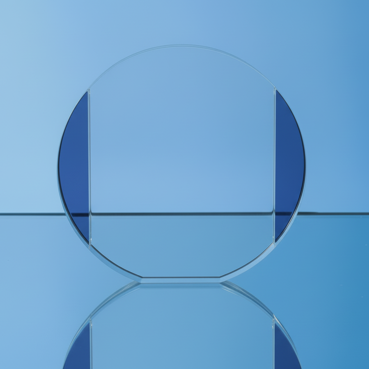Clear circular crystal  award on a blue background