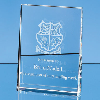 optical crystal vertical wedge award personalised engraving UK - awards-time