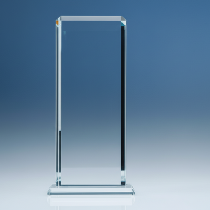 Clear glass award on a blue gradient background
