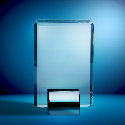 20cm optical crystal rectangle mounted on chrome stand - corporate award UK
