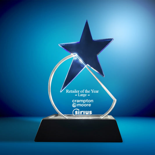 3D Crystal Award Trophy 15cm Optical Crystal Circle with a Cobalt Blue Star