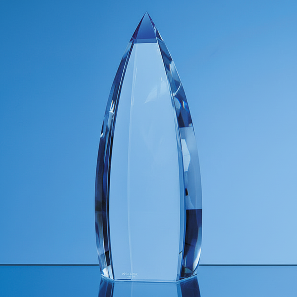 23cm Nik Meller cobalt blue optical crystal obelisk award UK