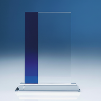 Clear glass award with blue gradient on a blue background
