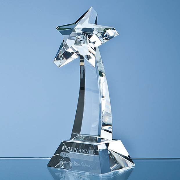 25cm optical crystal mounted shooting star award - side view UK
