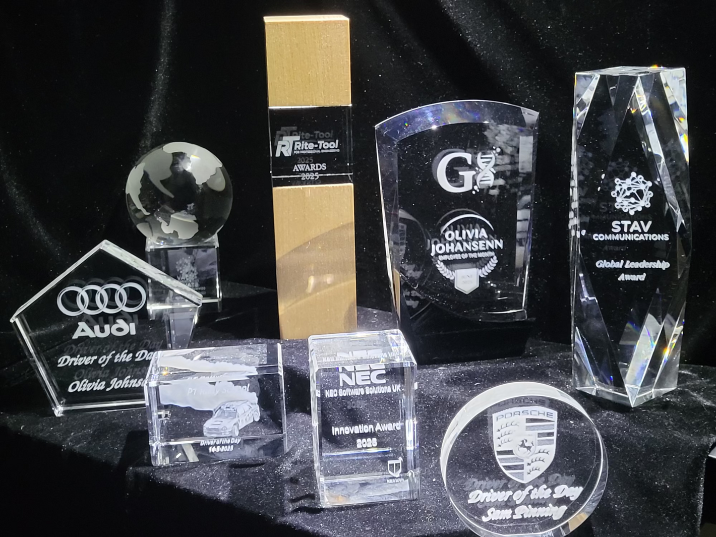 crystal glass awards with 3d images - group shot